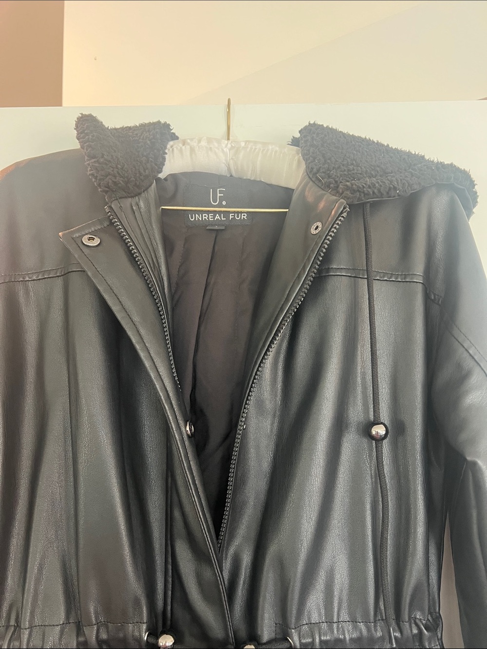 Unreal Fur Black Faux Leather Hooded Jacket with Sherpa Trim